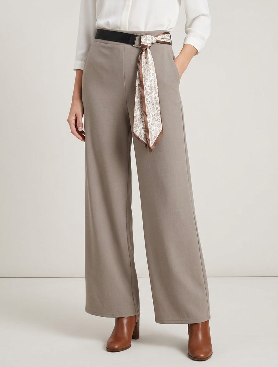 Pantalon ample à taille haute et ceinture style foulard - Taupe