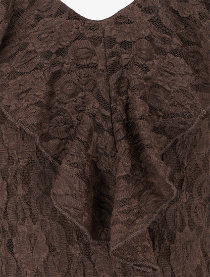 Top droit en dentelle à col V volanté - Marron - 3
