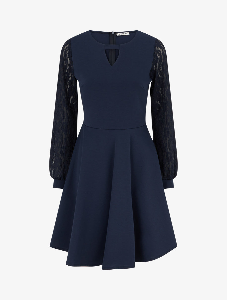Robe patineuse à manches longues en dentelle - Marine - 1