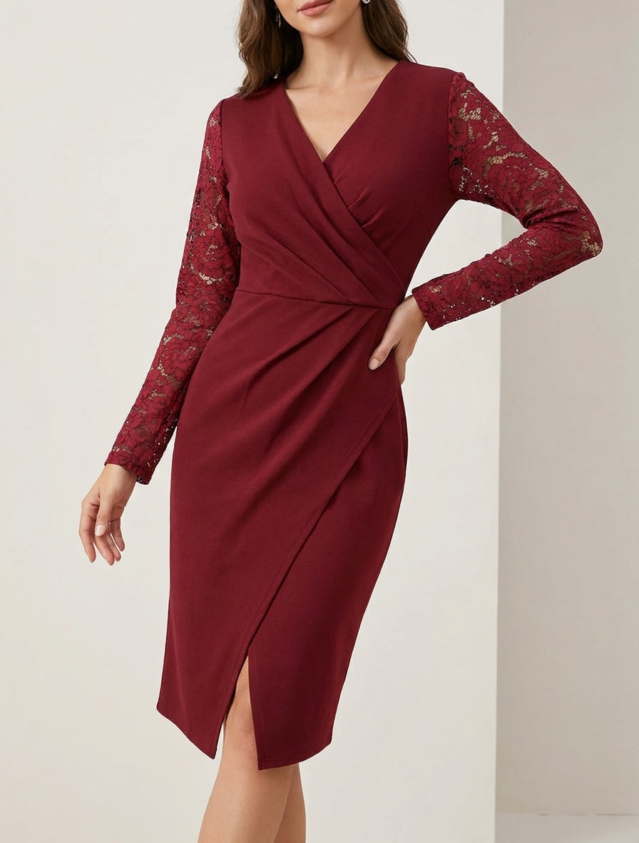 Robe portefeuille ajustée à manches en dentelle - Bordeaux