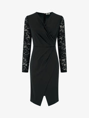 Robe portefeuille ajustée à manches en dentelle - Noir - 1