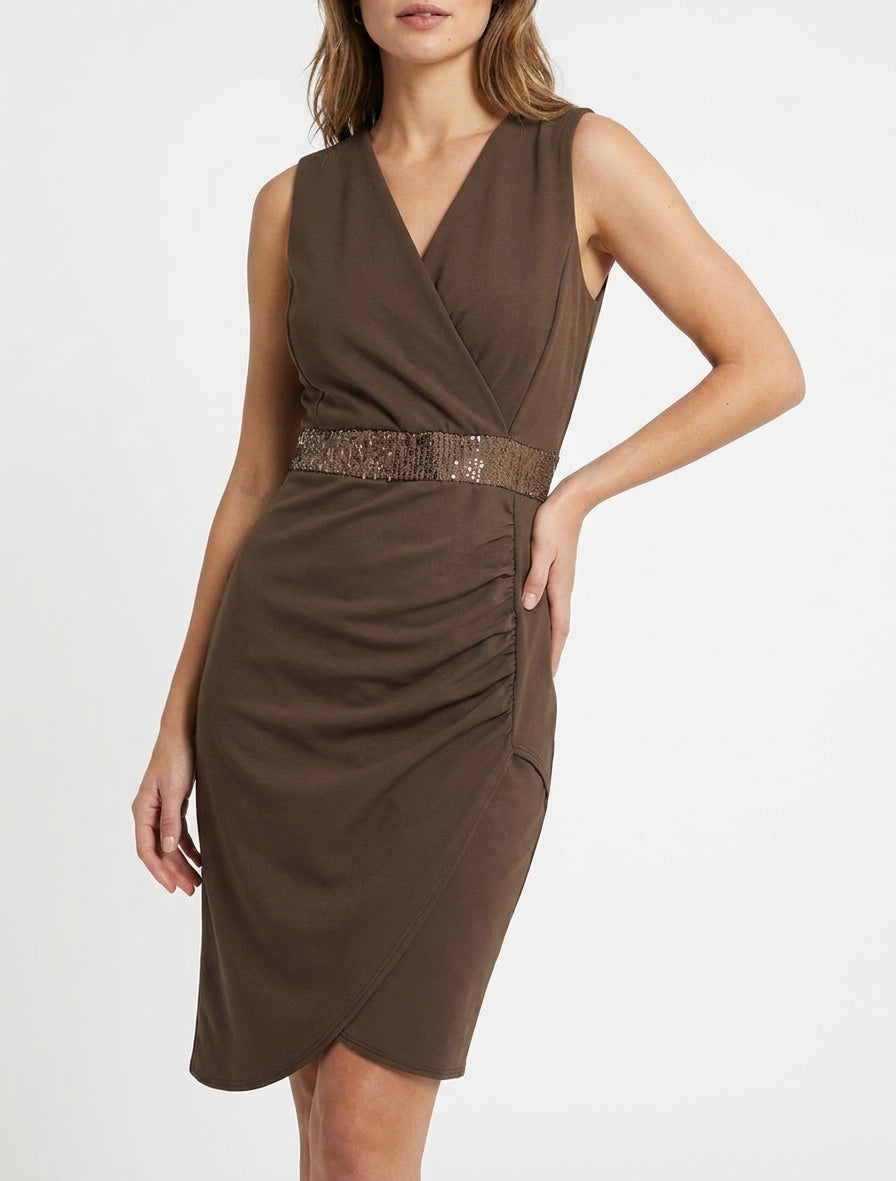 Robe portefeuille sans manches à sequins - Marron