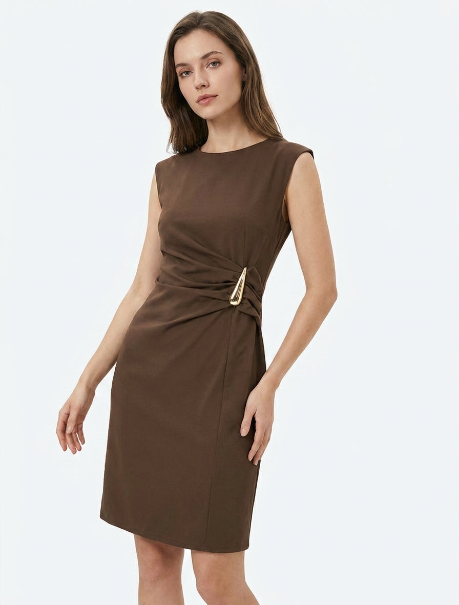 Robe sans manches effet drapé - Marron
