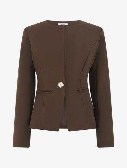 Veste un bouton à épaulettes et col rond - Marron - 1