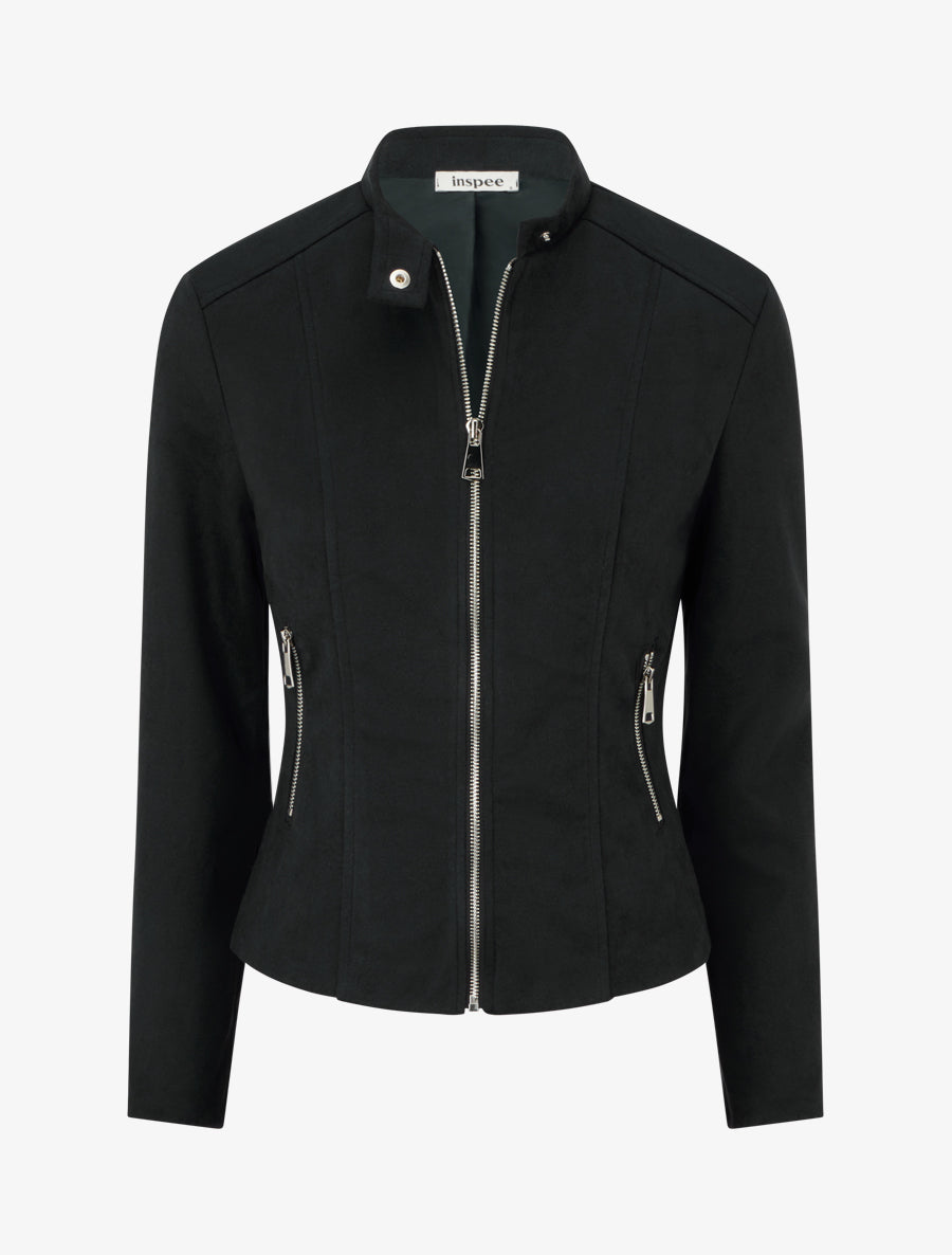 Veste en suédine à col montant et zip - Noir - 1