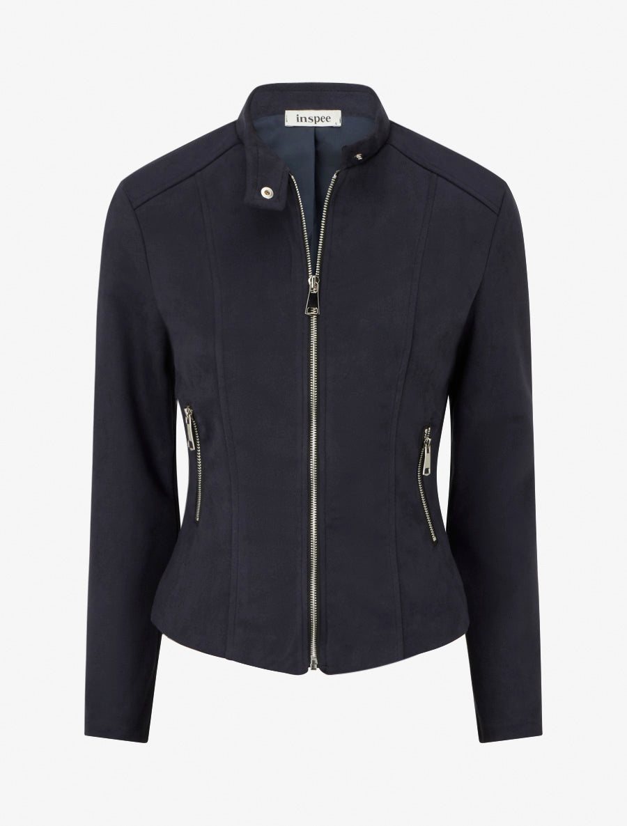 Veste en suédine à col montant et zip - Marine - 1