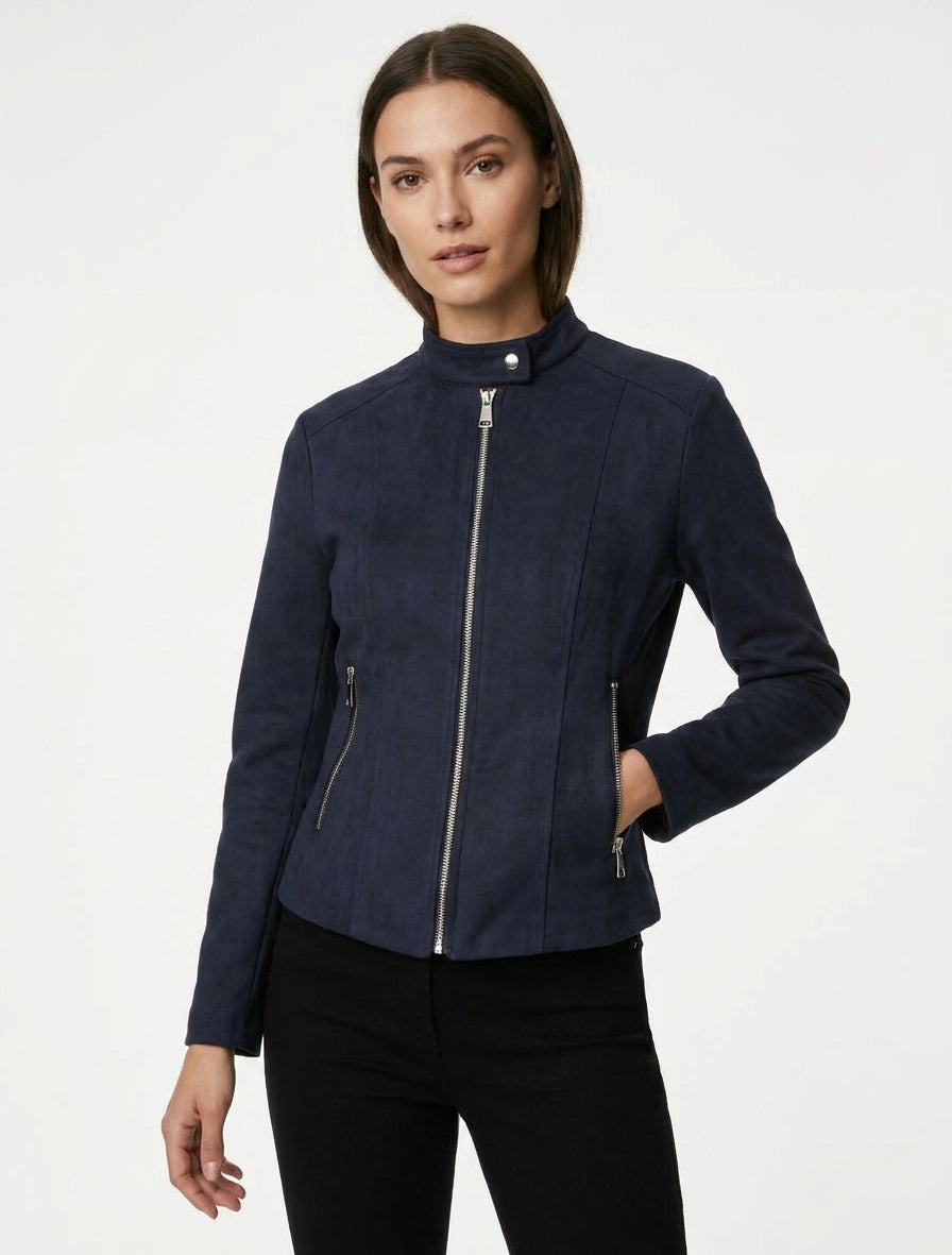 Veste en suédine à col montant et zip - Marine