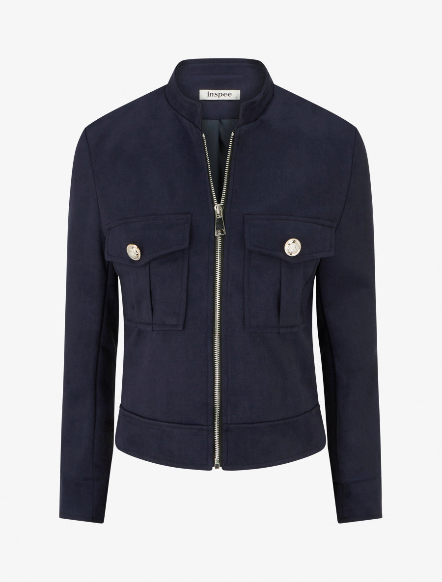 Veste en suédine zippée à poche à rabat - Marine - 1