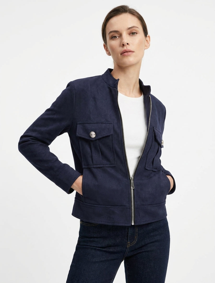 Veste en suédine zippée à poche à rabat - Marine