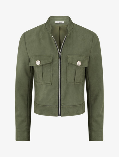 Veste en suédine zippée à poche à rabat - Kaki - 1