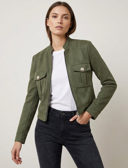 Veste en suédine zippée à poche à rabat - Kaki