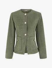 Veste en suédine boutonnée à col rond - Kaki - 1
