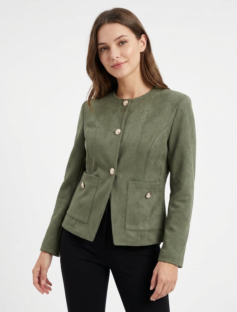 Veste en suédine boutonnée à col rond - Kaki