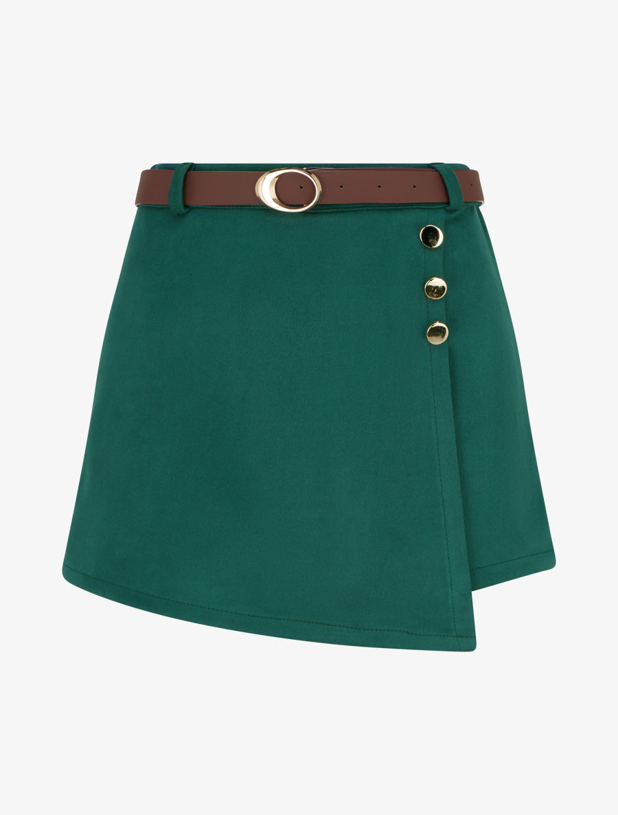 Jupe-short suédine à boutons décoratifs - Vert foncé - 1
