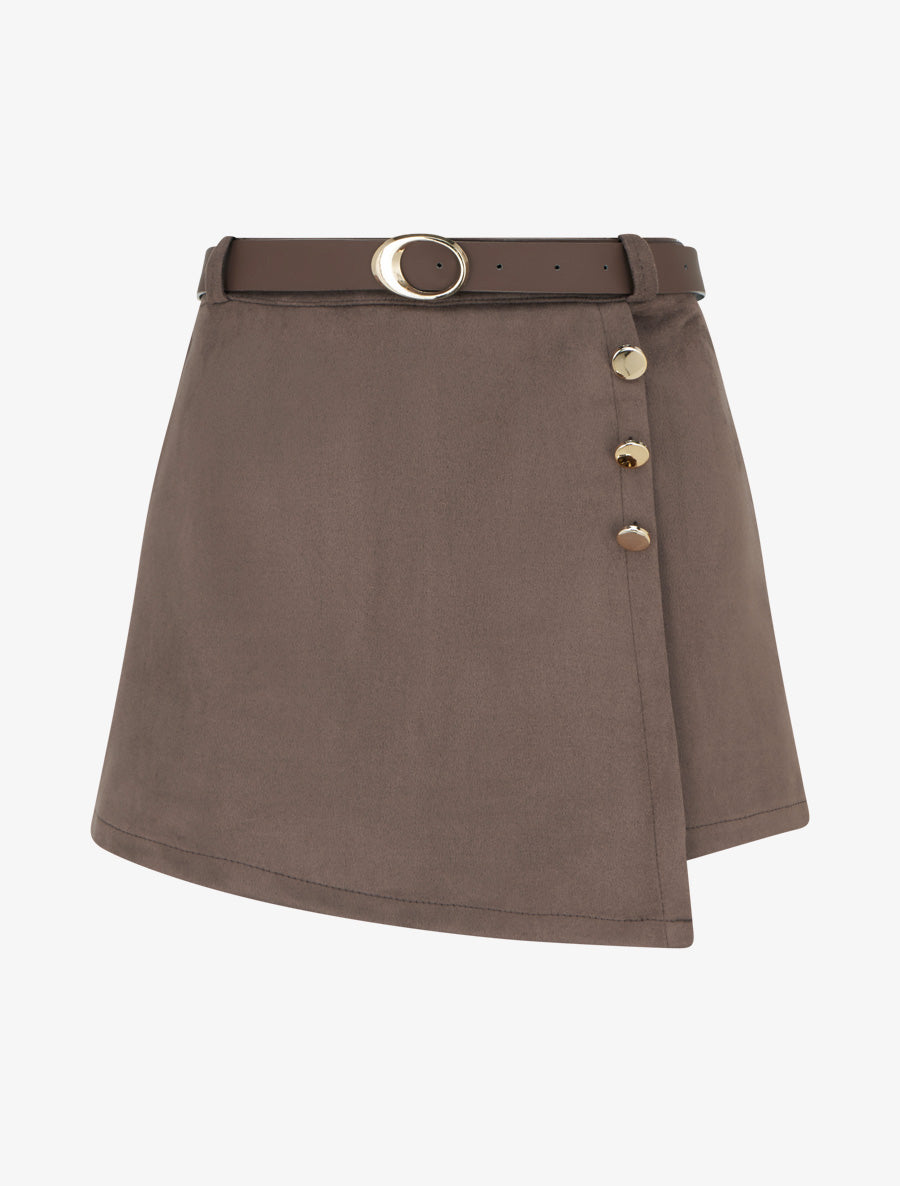 Jupe-short suédine à boutons décoratifs - Marron - 1