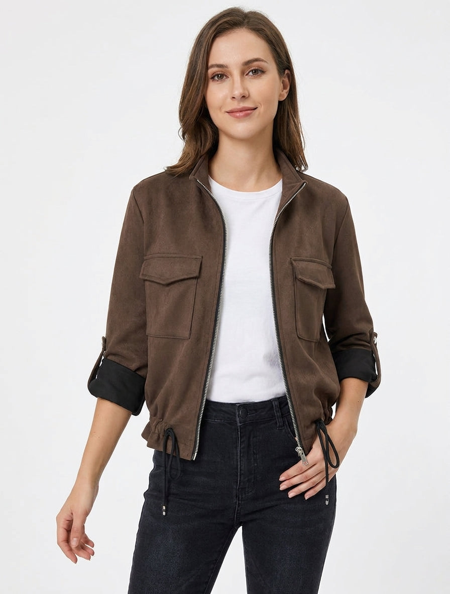 Veste en suédine coupe droite et poches à rabat - Marron