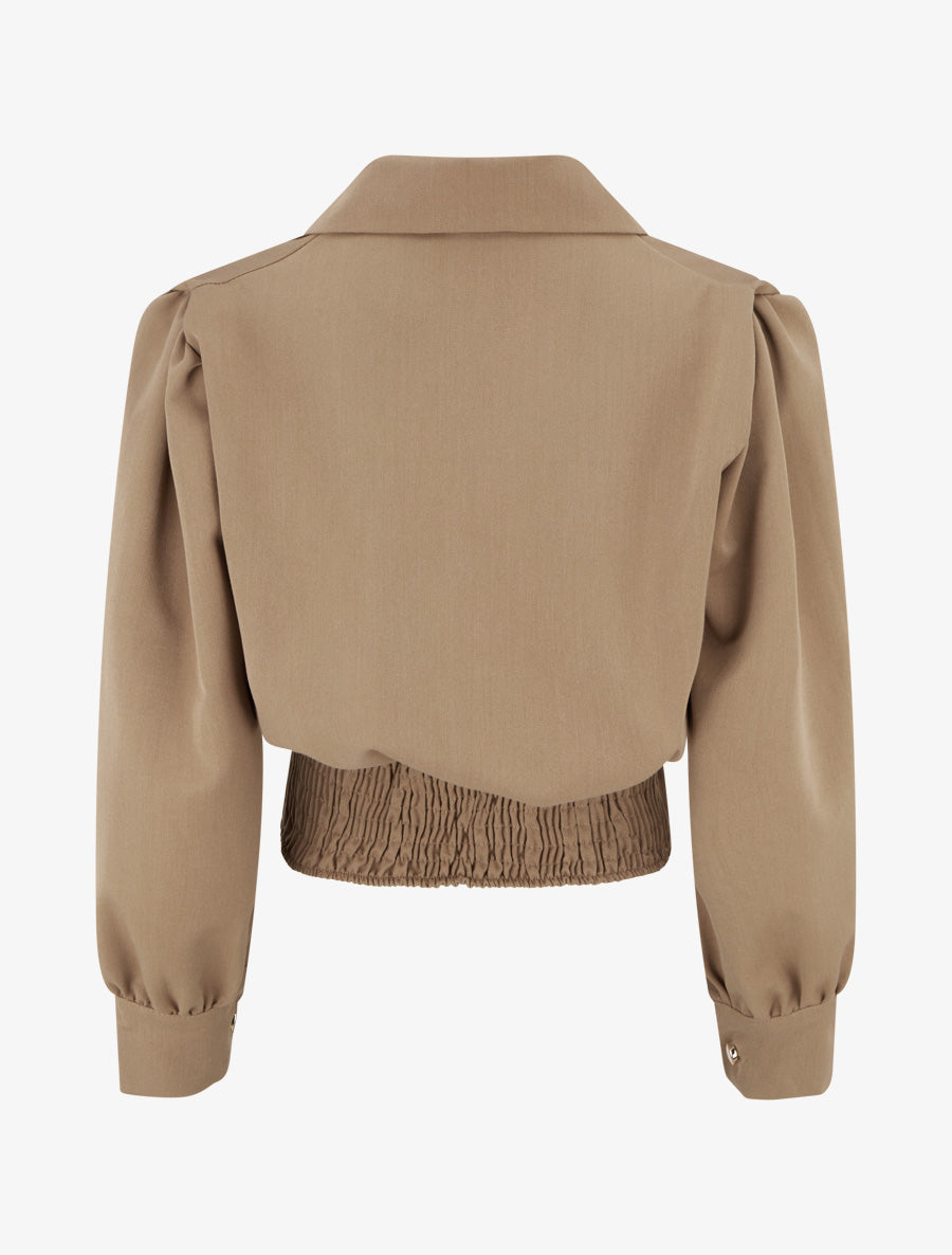 Blouse élastiquée à col à pied - Beige foncé - 2