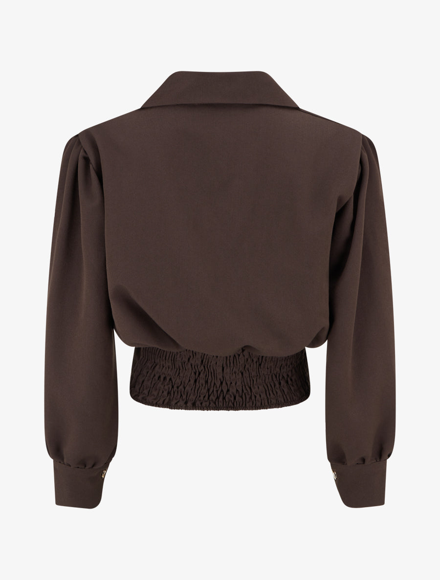 Blouse élastiquée à col à pied - Marron - 2