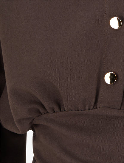 Blouse élastiquée à col à pied - Marron - 3