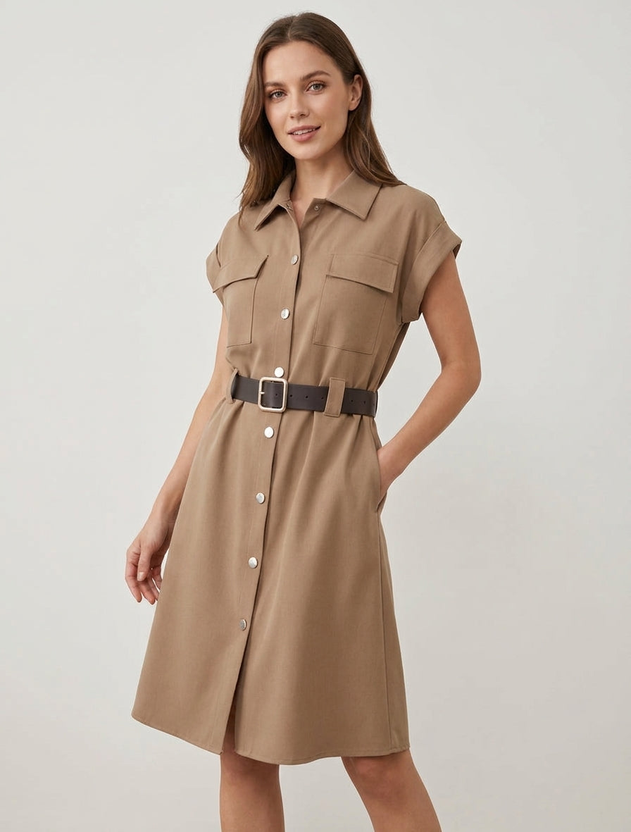 Robe chemise trapèze manches courtes - Beige