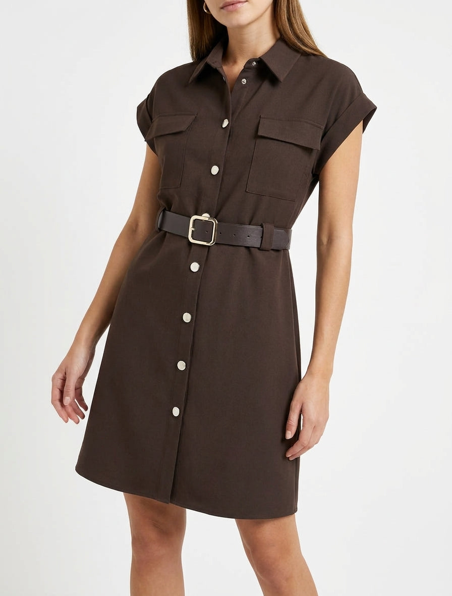 Robe chemise trapèze manches courtes - Marron