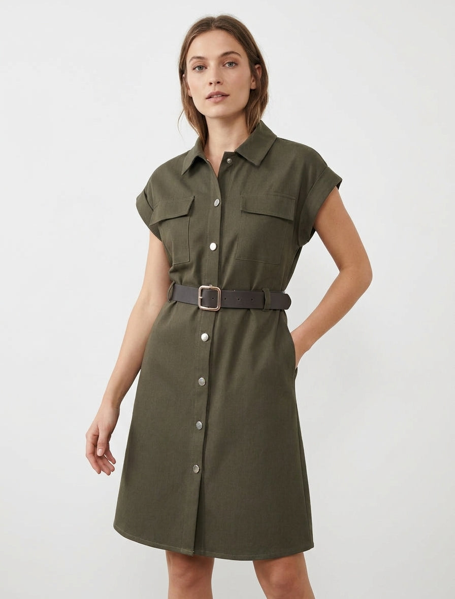 Robe chemise trapèze manches courtes - Kaki