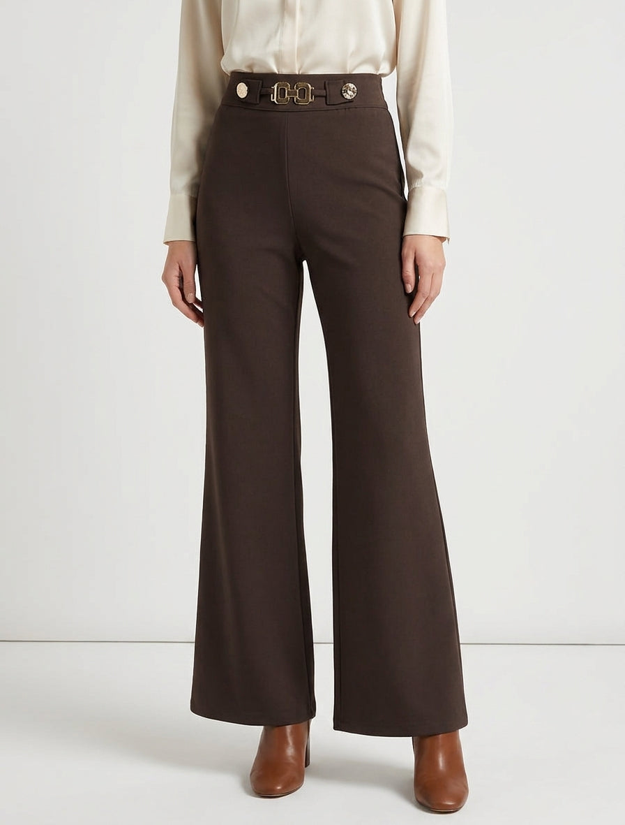Pantalon ample taille haute bijoux - Marron