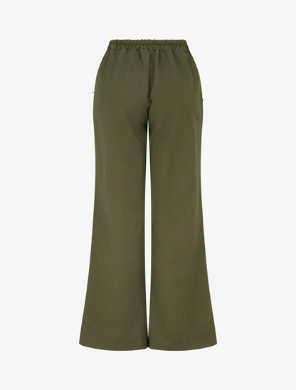 Pantalon taille haute coupe flare à boutons décoratifs dorés - Kaki - 2