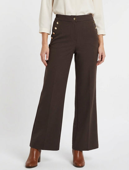Pantalon taille haute coupe flare à boutons décoratifs dorés - Marron