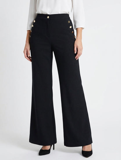 Pantalon taille haute coupe flare à boutons décoratifs dorés - Noir