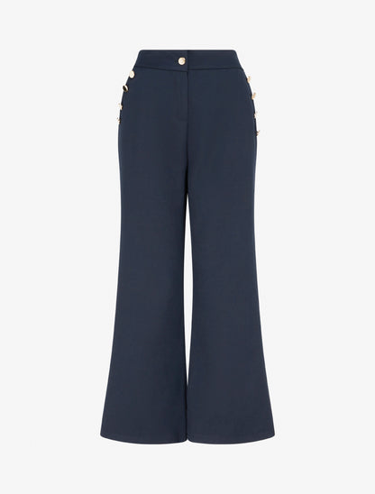 Pantalon taille haute coupe flare à boutons décoratifs dorés - Marine - 1