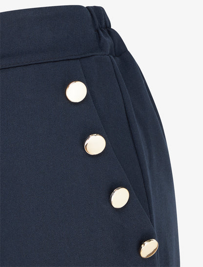 Pantalon taille haute coupe flare à boutons décoratifs dorés - Marine - 3