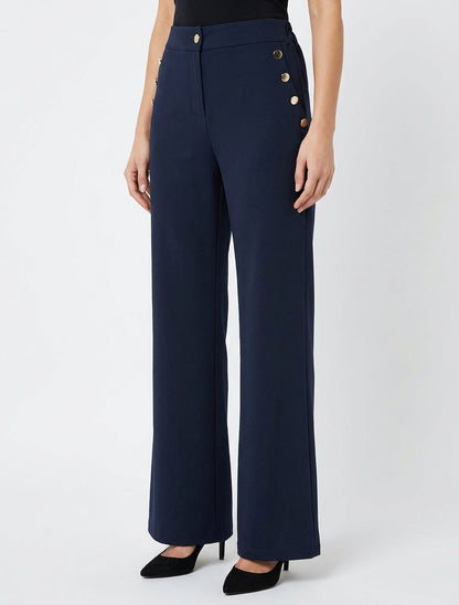 Pantalon taille haute coupe flare à boutons décoratifs dorés - Marine