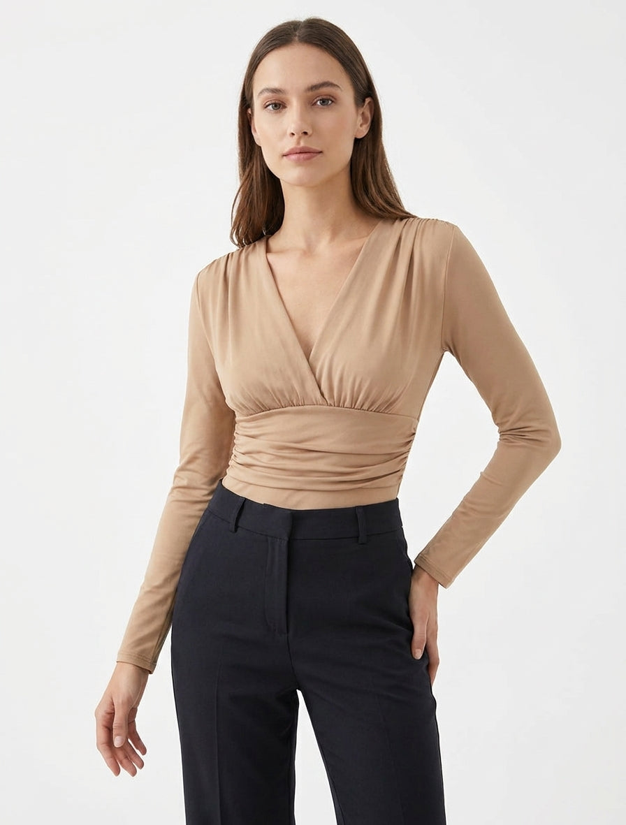 Body manches longues à taille plissée - Camel clair