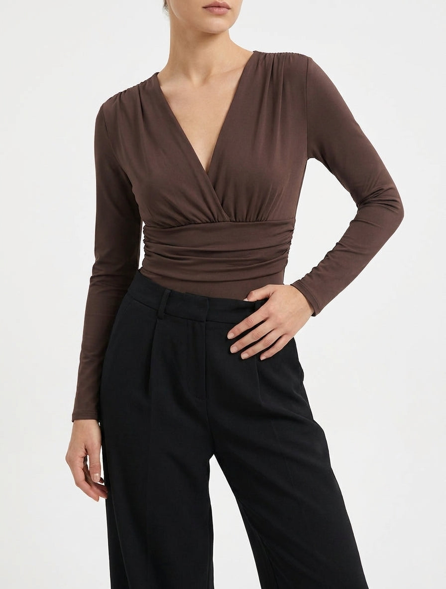 Body manches longues à taille plissée - Marron