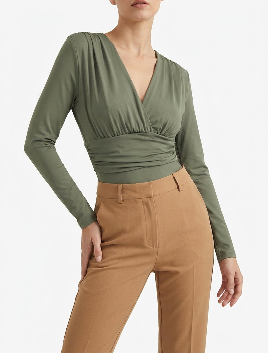 Body manches longues à taille plissée - Kaki