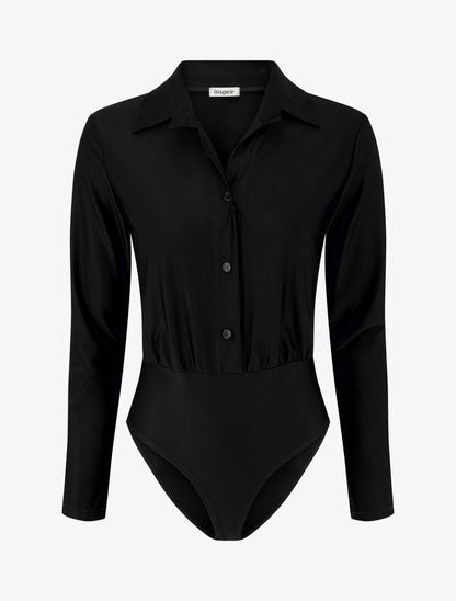 Body satiné style chemise - Noir - 1