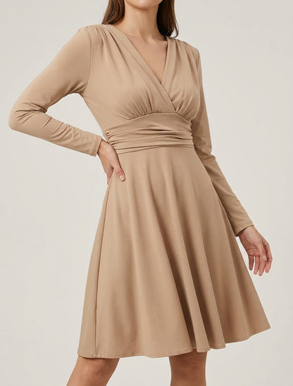 Robe patineuse manches longues à taille plissée - Camel clair