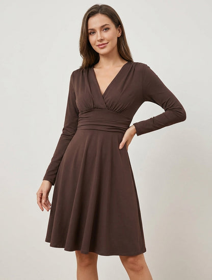Robe patineuse manches longues à taille plissée - Marron