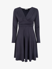 Robe patineuse manches longues à taille plissée - Marine - 1