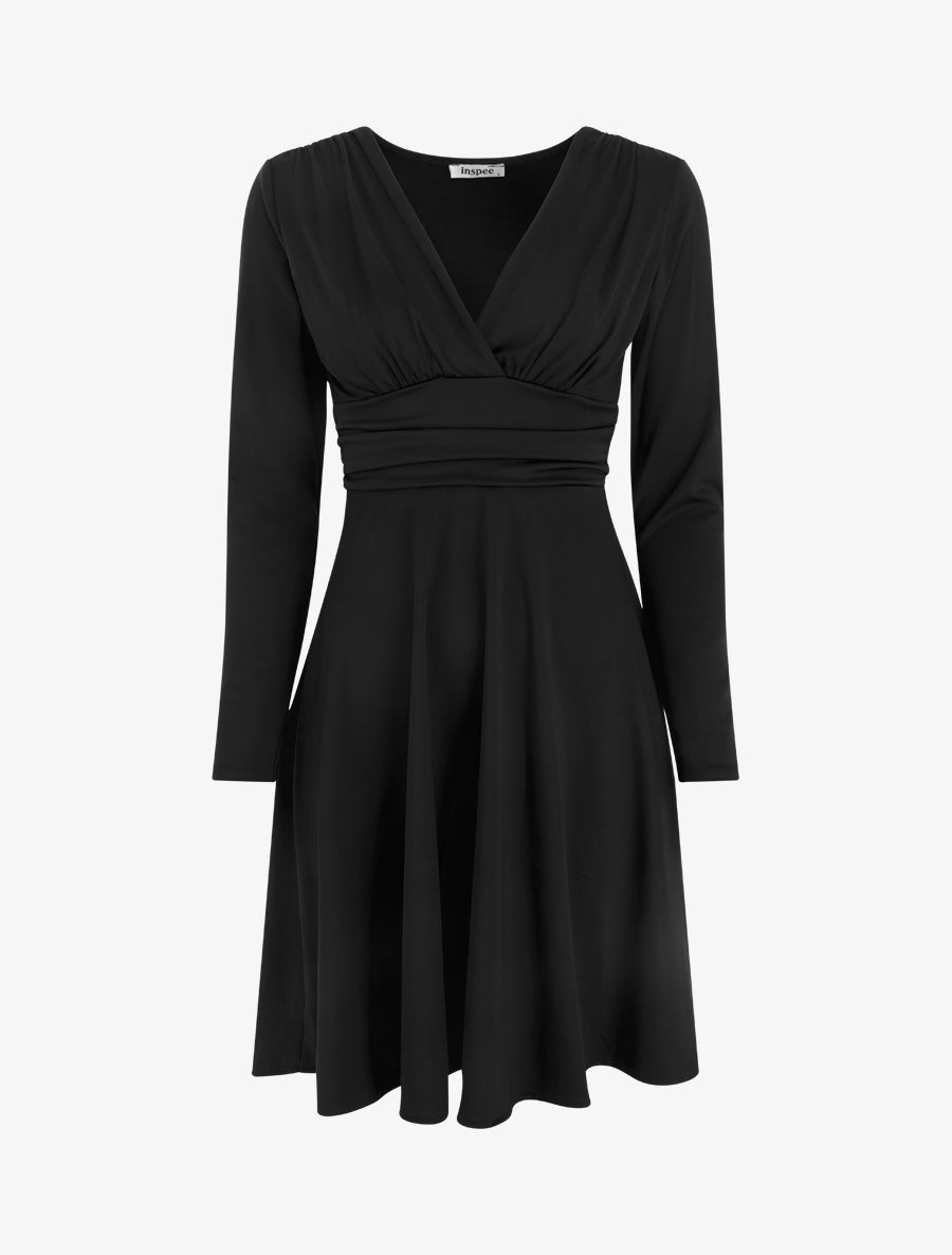 Robe patineuse manches longues à taille plissée - Noir - 1
