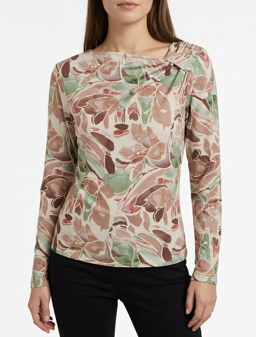 Top imprimé floral à manches longues - Beige
