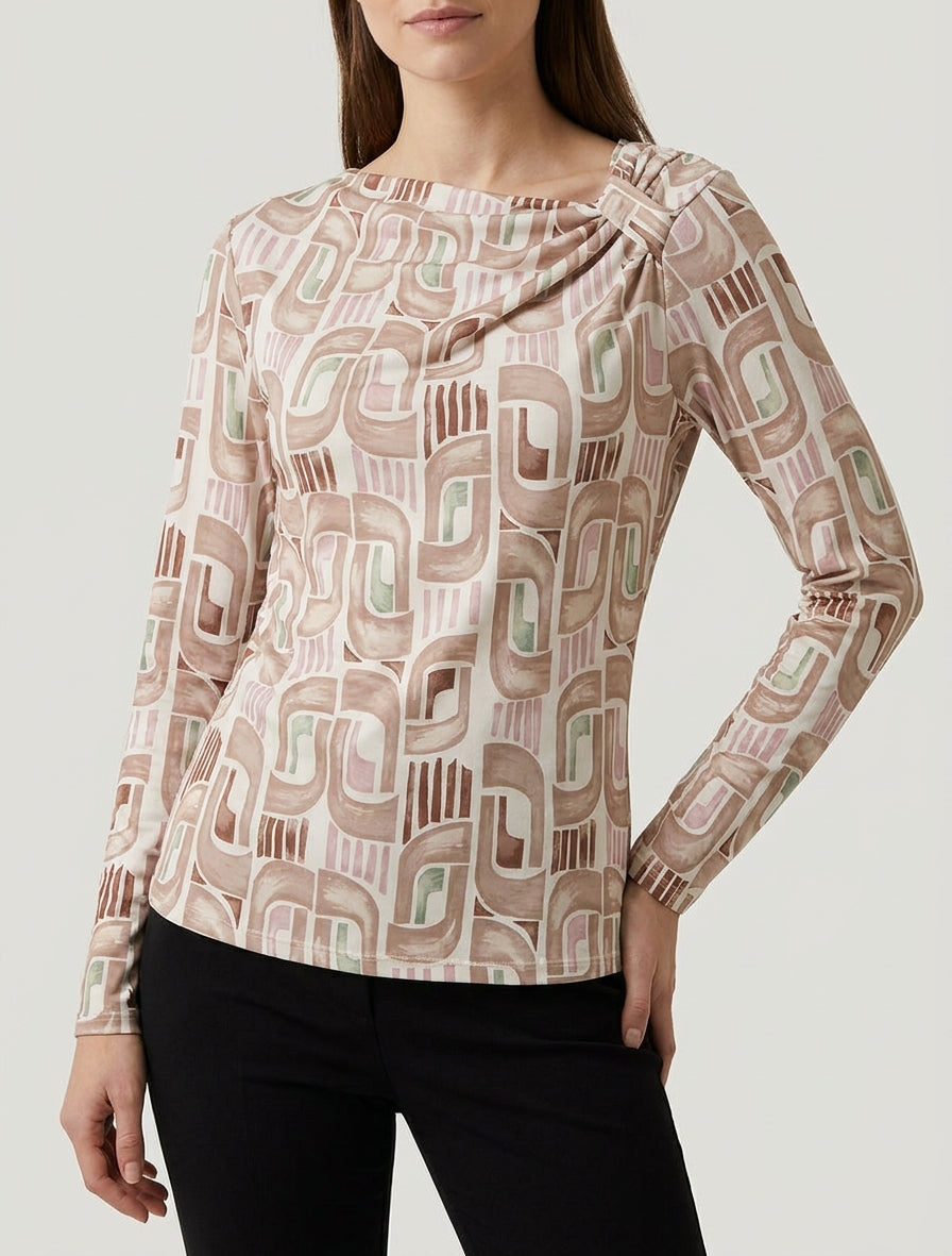 Top imprimé rétro à manches longues - Beige