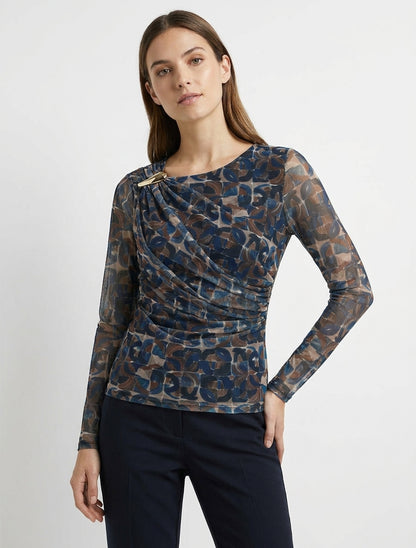 Top en tulle imprimé abstrait à empiècement bijou - Marine