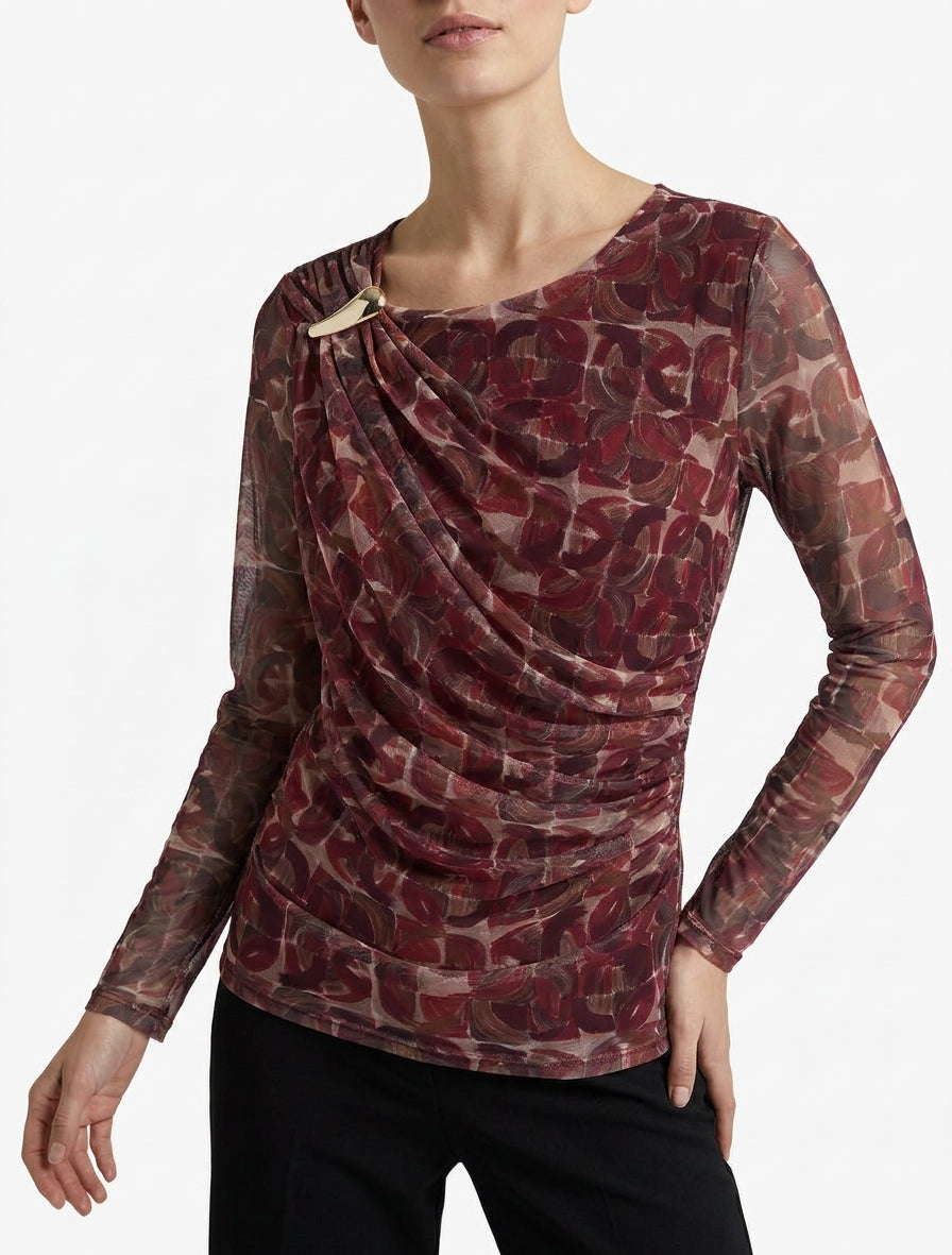 Top en tulle imprimé abstrait à empiècement bijou - Prune