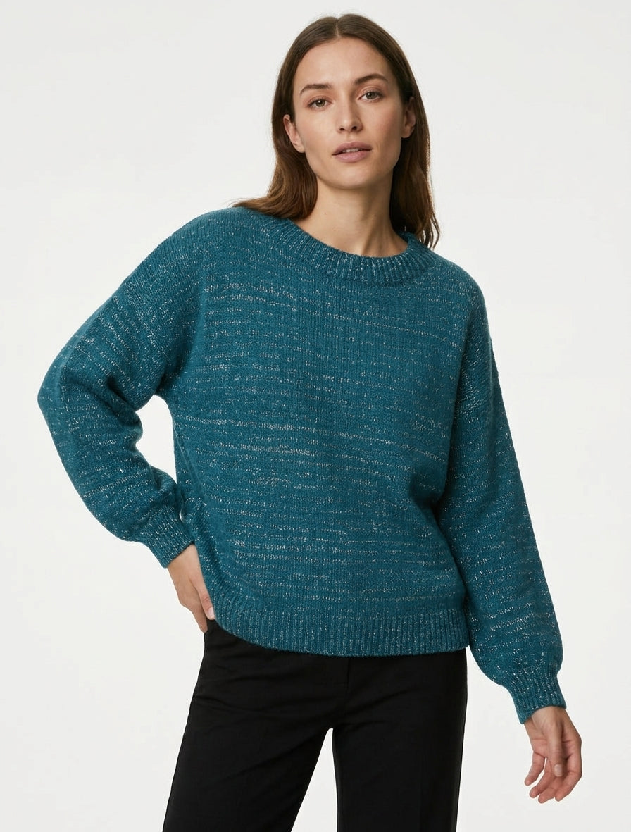 Pull ample en maille irisée à col rond - Bleu canard