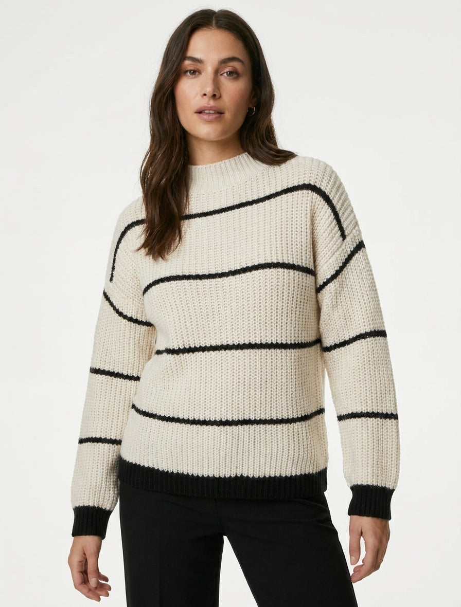 Pull droit à col montant et rayures - Écru