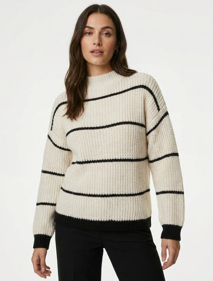 Pull droit à col montant et rayures - Écru