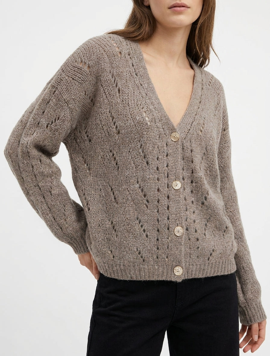 Gilet ample en maille ajourée à col V - Taupe