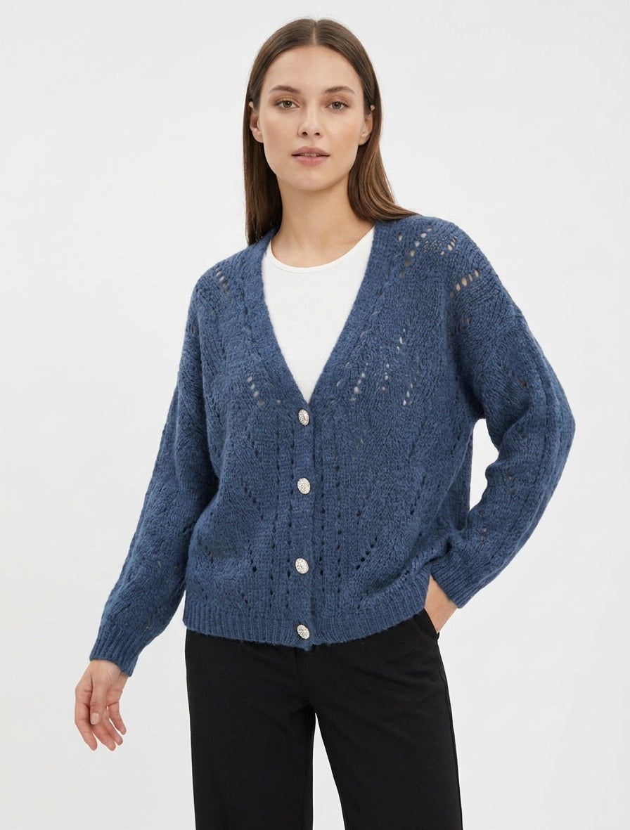 Gilet ample en maille ajourée à col V - Bleu
